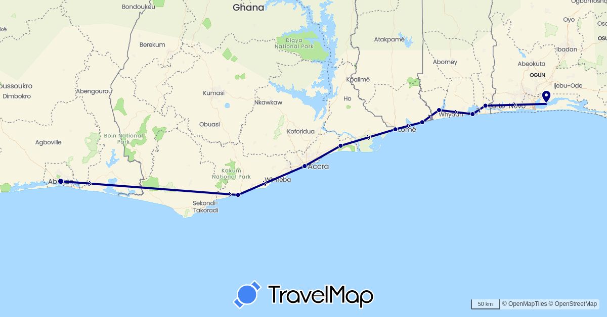 TravelMap itinerary: driving in Benin, Côte d'Ivoire, Ghana, Nigeria, Togo (Africa)